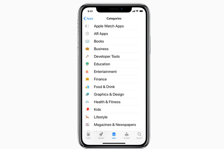 List of app categories in the iOS App Store on an iPhone